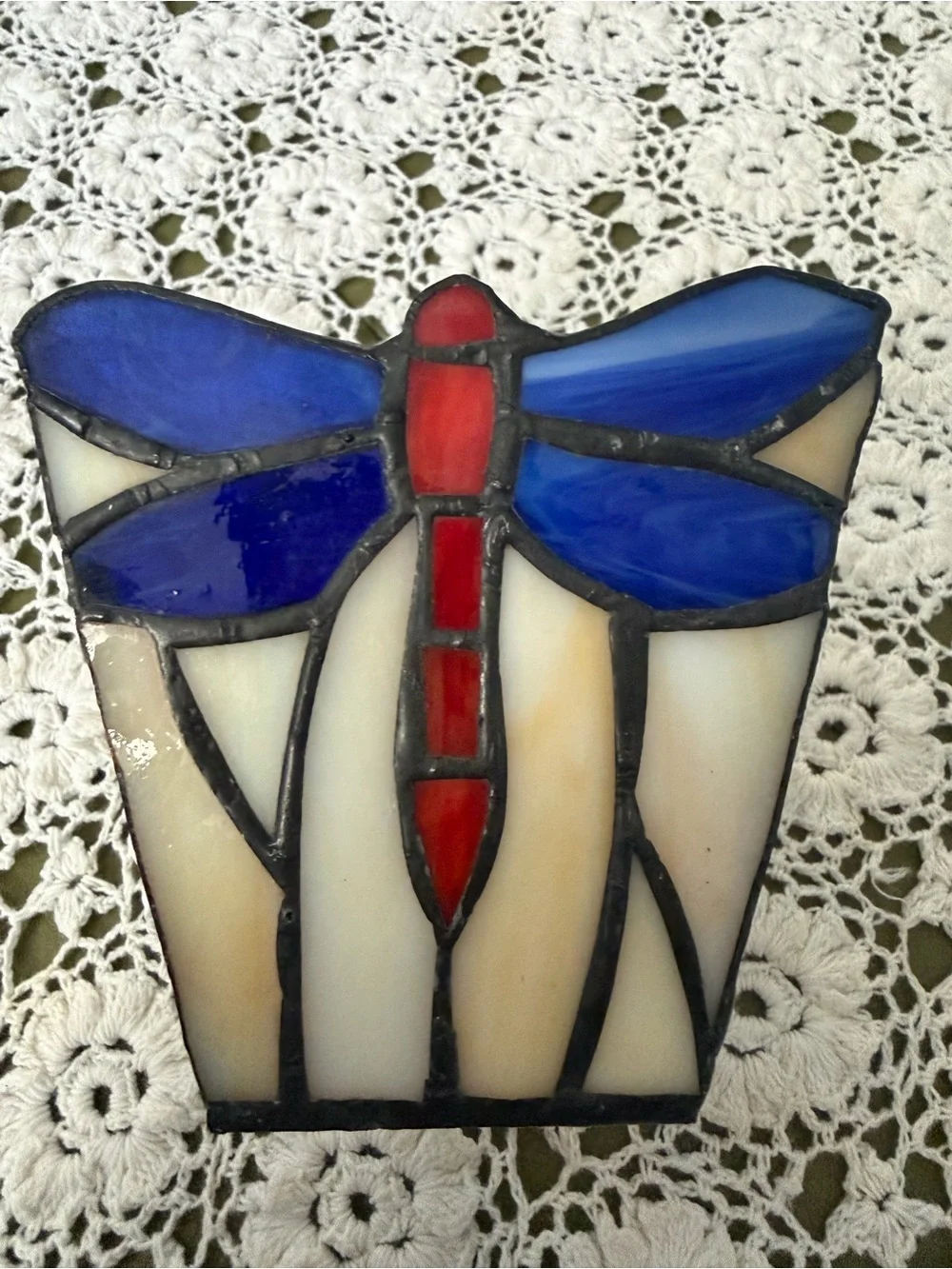Pier 1 Stained Glass Candle Holder Dragonfly Panel in Blue and Red